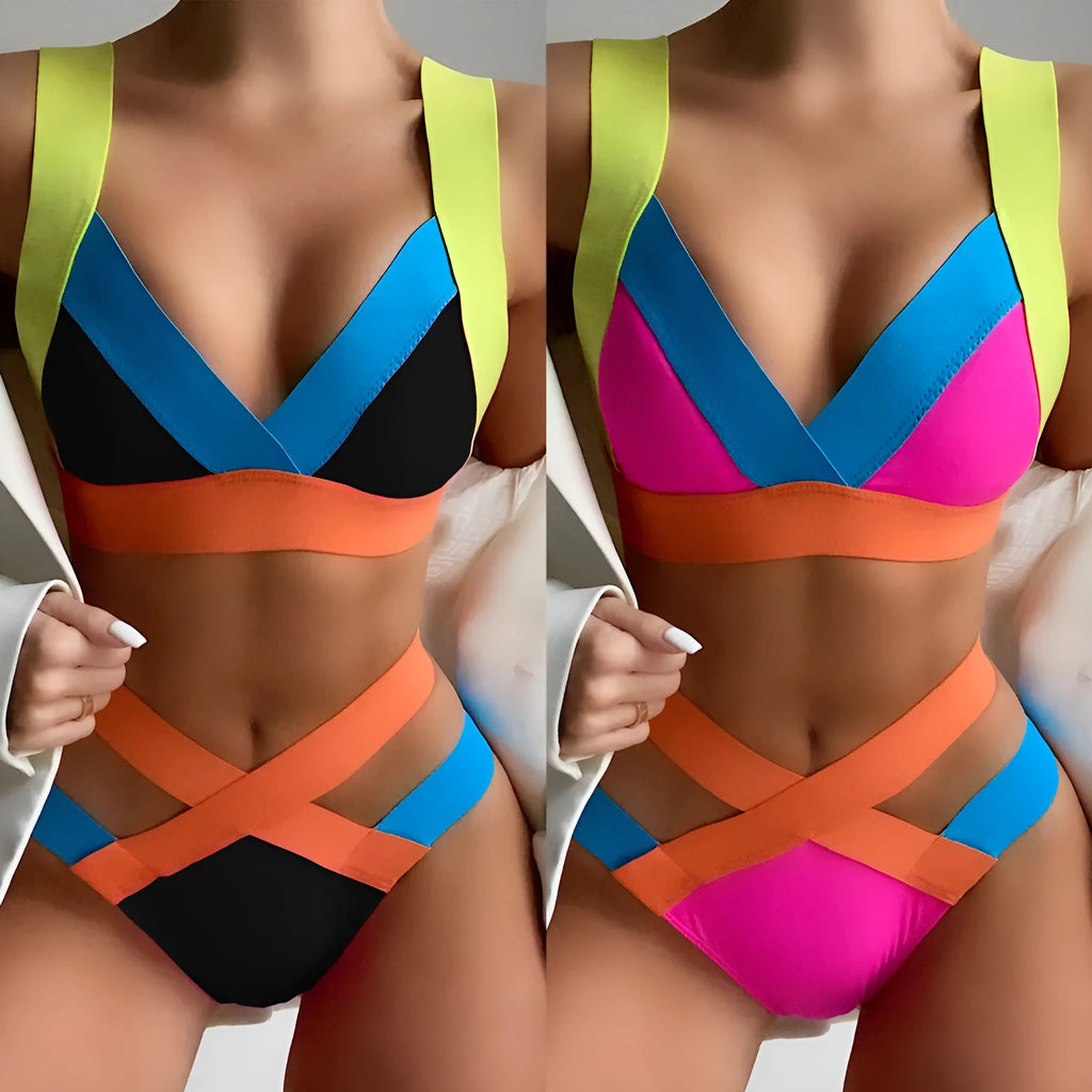 Ladies nylon bandage triangle bikini set with chest pads in solid colour, black option