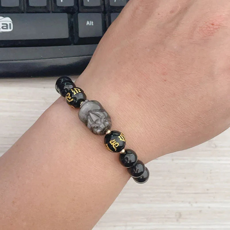 Natural silver stone bracelet for men with engraved zodiac symbols and beaded design
