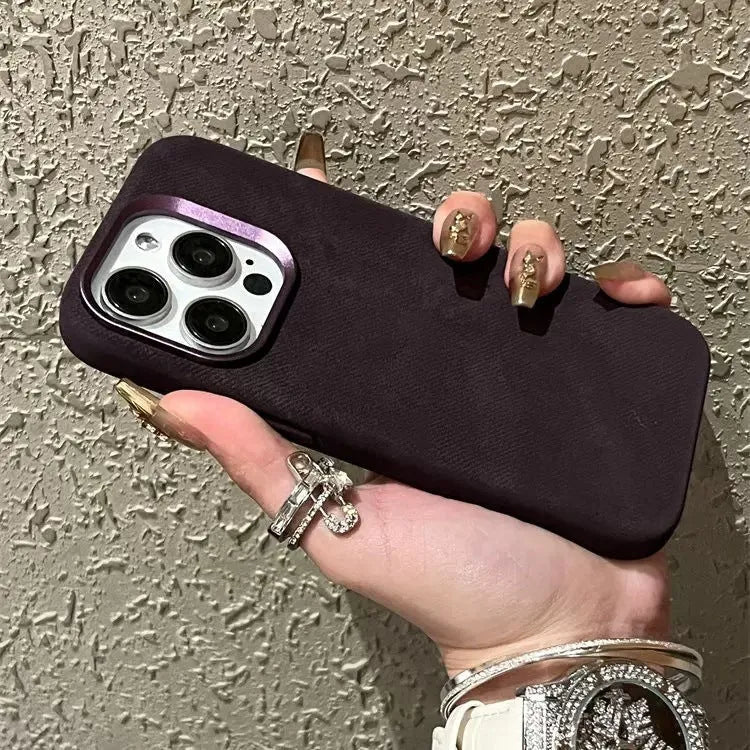 Magnetic leather hard case for iPhone with velvet interior in silver grey colour.