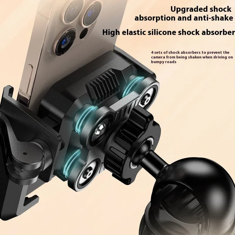 Black aluminium alloy shock absorber motorcycle phone mount for handlebars in a selection of styles.