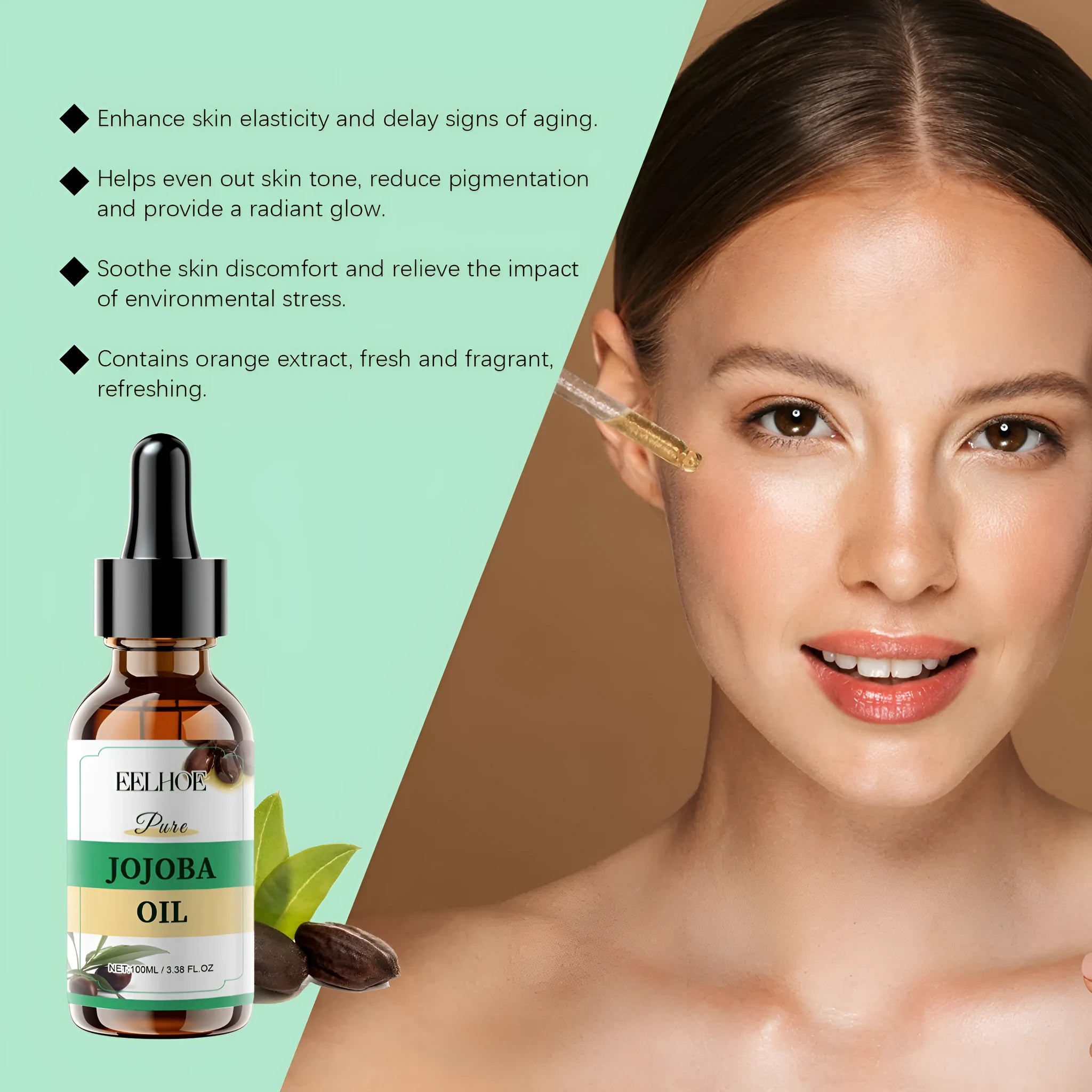 Organic jojoba oil 100ml glass bottle for facial moisturising with vitamin E and orange extract