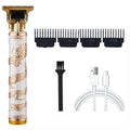 Carved rechargeable electric hair clipper with retro oil head design, 5W copper core motor, and multiple colour specifications.