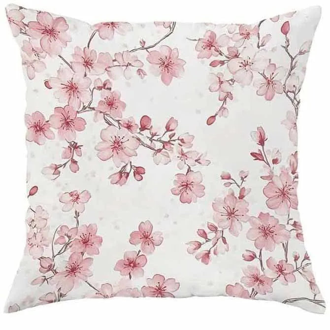Short velvet cushion cover with spring cherry blossom and letter design, 45x45cm.