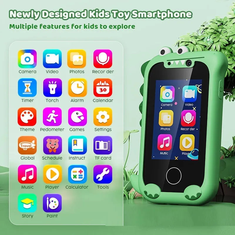Blue silicone case children's educational camera toy with touchscreen and neck strap