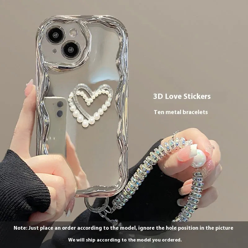 Silicone phone case for iPhone with three-dimensional pearl chain and electroplated bracelet in Silver Gray colour
