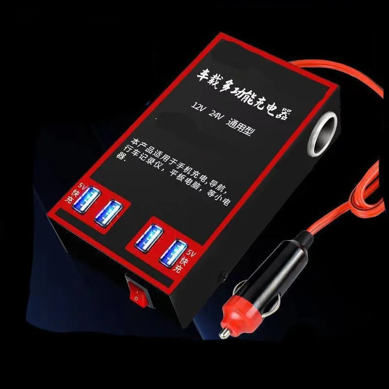 Black automotive power converter converting 12V 24V vehicle power to 220V with UK socket and USB ports