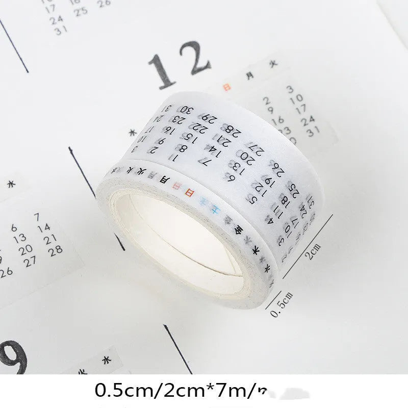Two rolls of digital hand account tape: one 2cm wide calendar tape and one 0.5cm wide weekly tape, each 7 metres long, on a white background