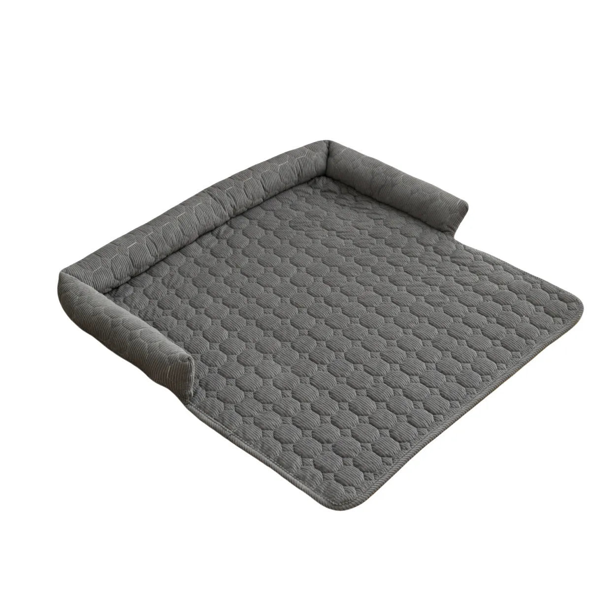 Thick corduroy pet bed mat with neck pillow in beige, 75x75cm, on a floor