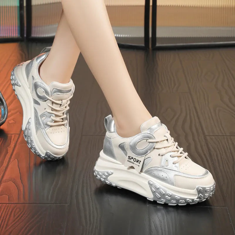 Leather sports casual shoes with thick rubber wedge sole and lace-up front in four colour options.