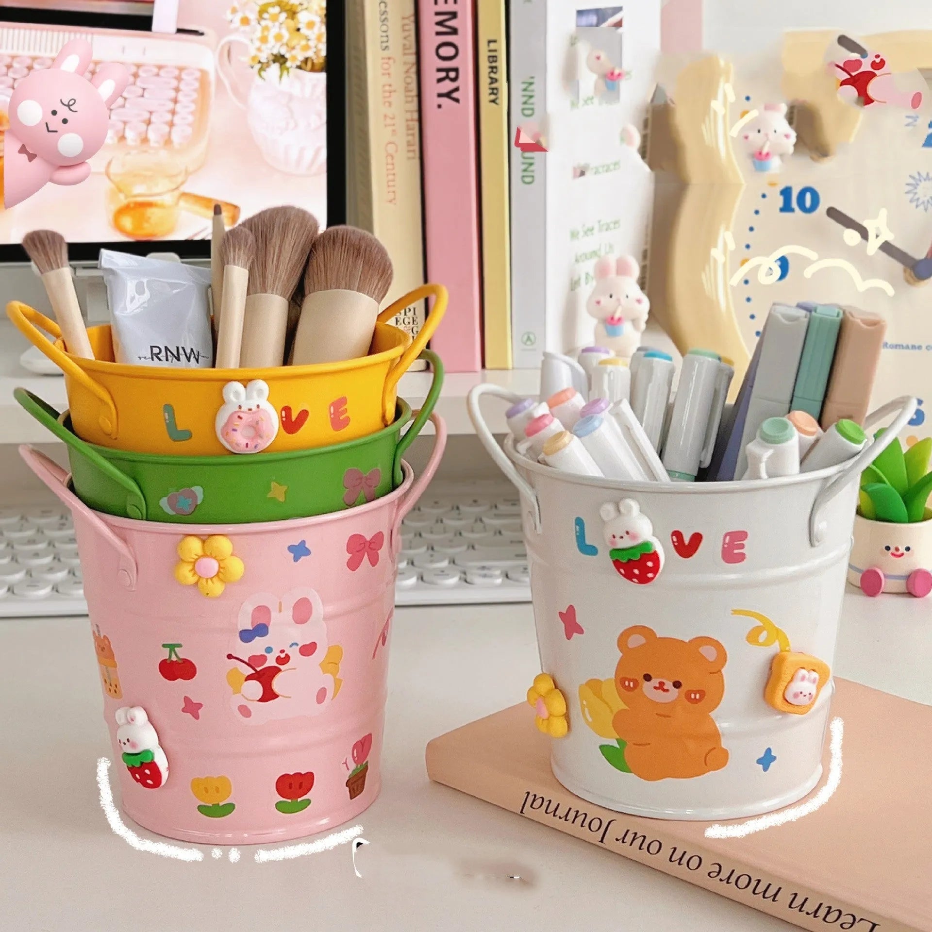 Round metal desktop pen holder in a choice of colours including pink, green, and yellow.