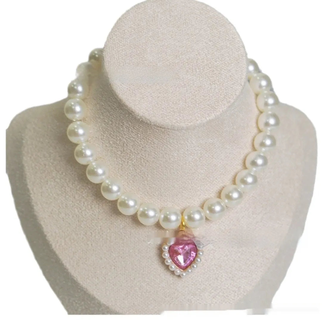 Decorative plastic alloy resin cat collar with pearl necklace design and love gem charm in selected colour