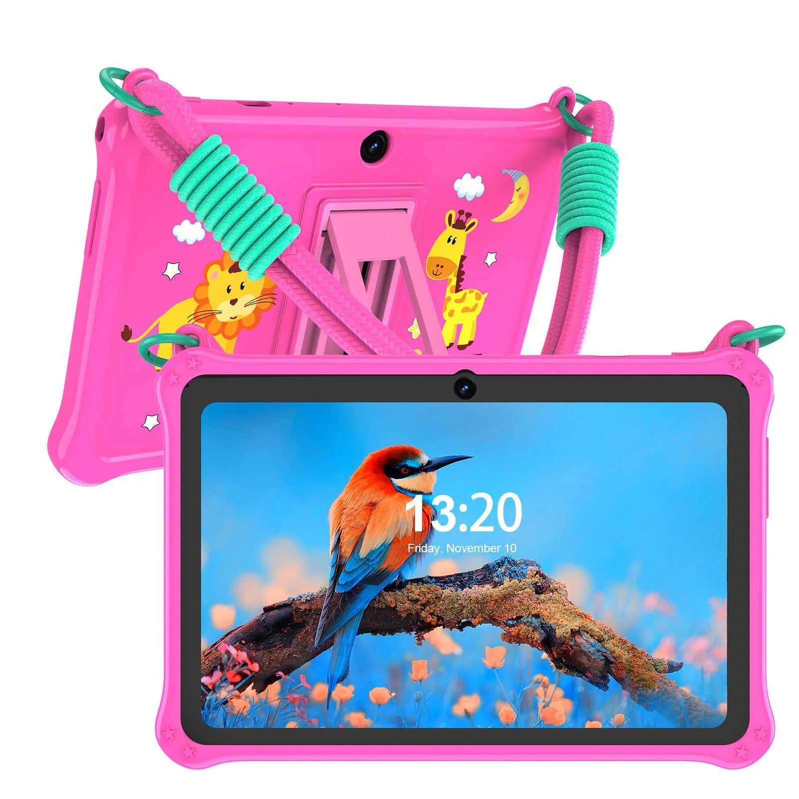 7-inch children's silicone tablet case with flat strap in sapphire blue and dark pink colours