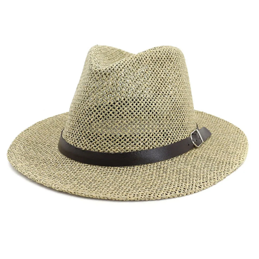 Panama straw hat in khaki with bell crown and woven construction on head