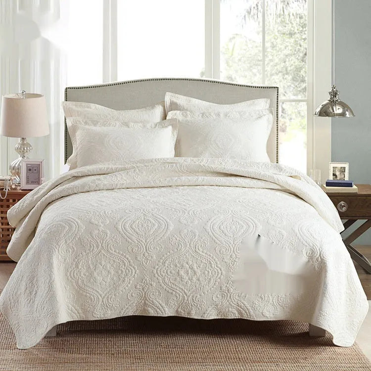 Pure cotton bed cover three-piece set showing bedspread-style design with solid colour pattern