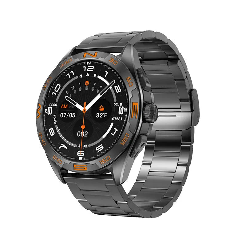 Black smartwatch with health sensors on wrist, displaying blood pressure and heart rate data on its IPS touchscreen.