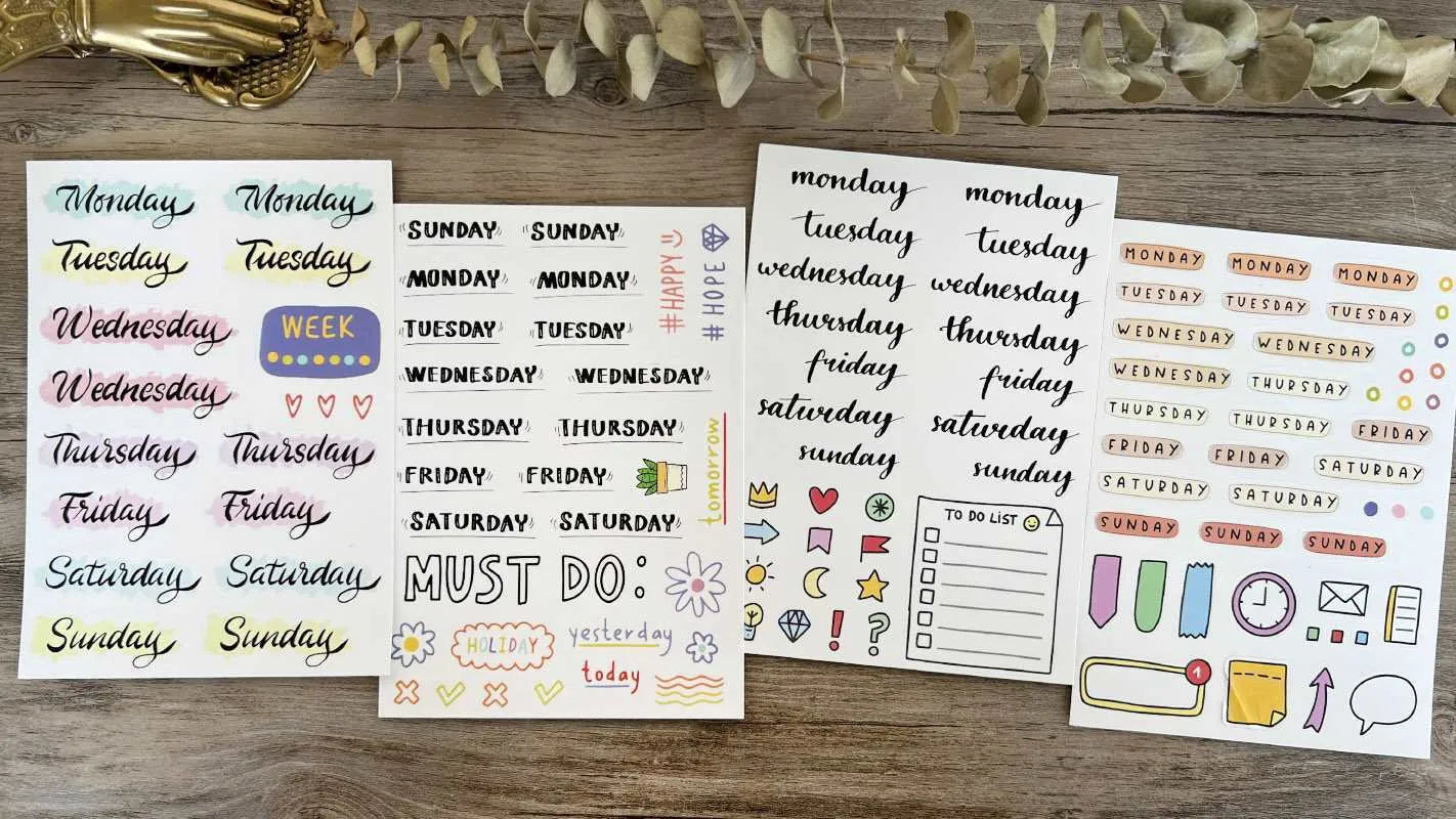 English letters and numbers symbol label sticker sheets showing alphabet sets and week words for decoration