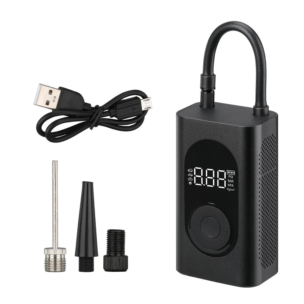 Handheld portable wireless tyre pump with digital display, power bank, and flashlight functions.