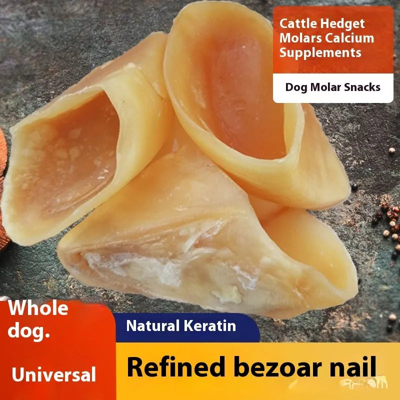 Natural cowhide dog chew grinding rod in hoof shell colour, shown in small and large sizes.