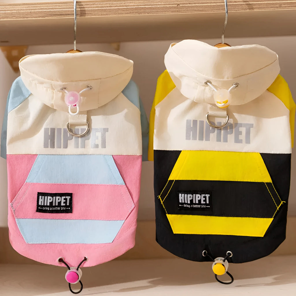Colour block dog hoodie with metal D-ring at back, adjustable hood and hem, pink/blue or yellow/black, sizes XS to XXL