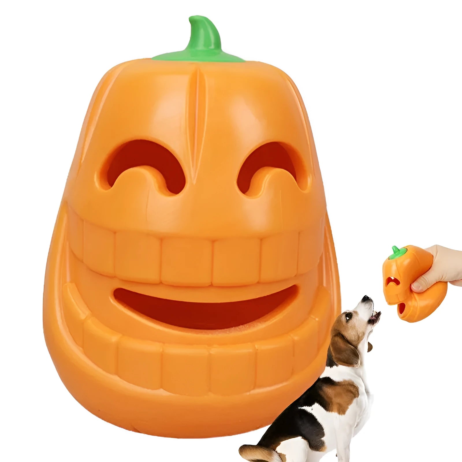 Yellow pumpkin-shaped dog chew toy made from TPR material measuring 8.6x11.5cm