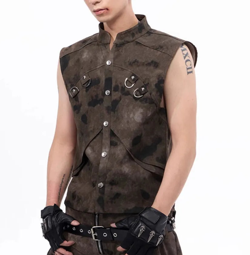 Korean-style camouflage denim vest and trouser set for adults on a model.