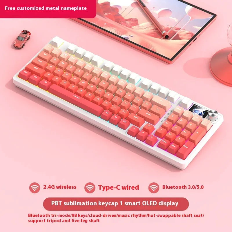 98-key wireless Bluetooth mechanical keyboard kit with metal knob on desk