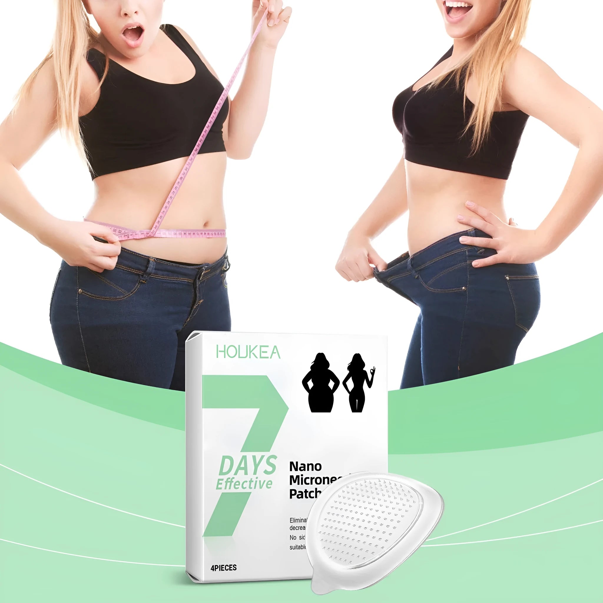 Four nano microneedle slimming patches on a PE sticker backing with ginger and mugwort root formula.