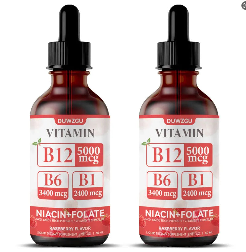Clear bottle of liquid vitamin B12 drops with a dropper top.