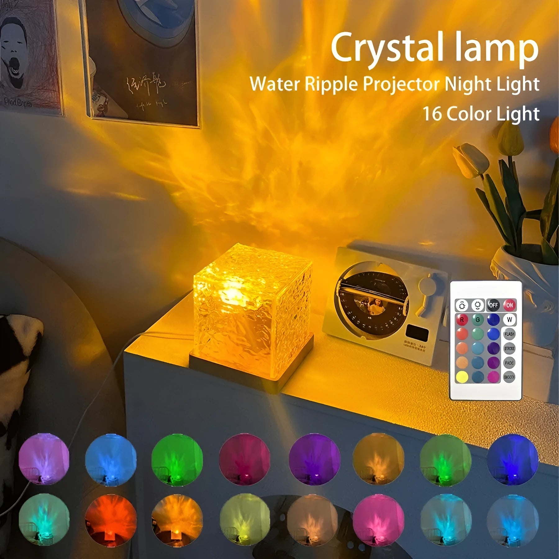 LED crystal table lamp projecting blue water ripple light effect on wall.