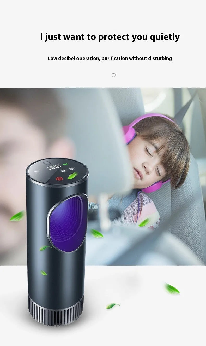 Black USB car air purifier for formaldehyde removal and ion generation on a car dashboard