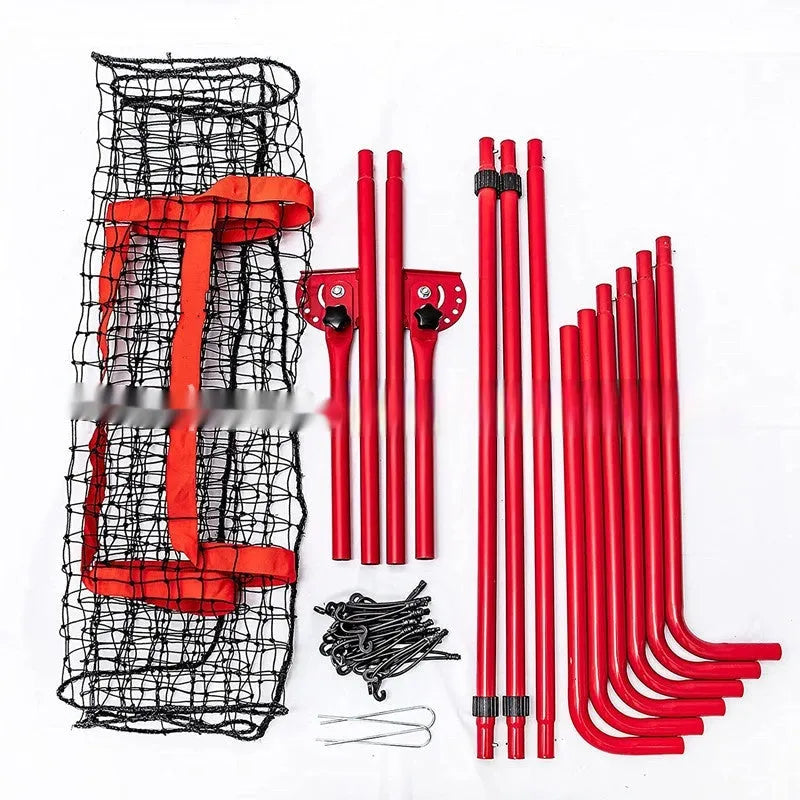 Red portable baseball training net with adjustable metal frame, folded to show its compact size.