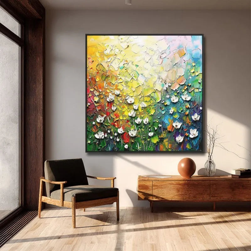 Handmade abstract thick oil 3D palette knife flowers painting on canvas, square format, no frame, multiple colours and sizes