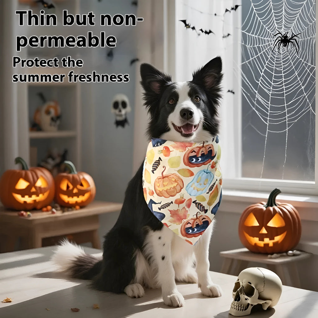 Halloween printed triangular pet bib in skull pattern on polyester fabric, average size