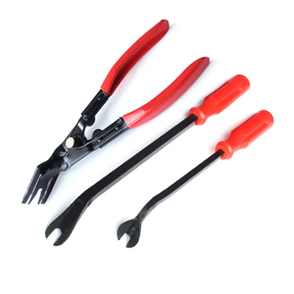 Red-handled steel automotive clip removal pliers for General Motors door panels