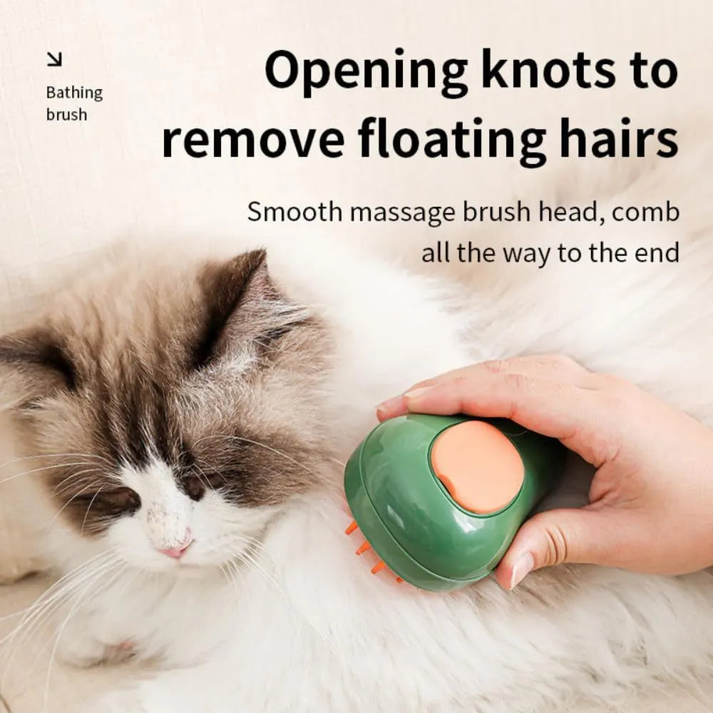 Green and white rechargeable cat steam brush with silicone teeth and water spray nozzle.
