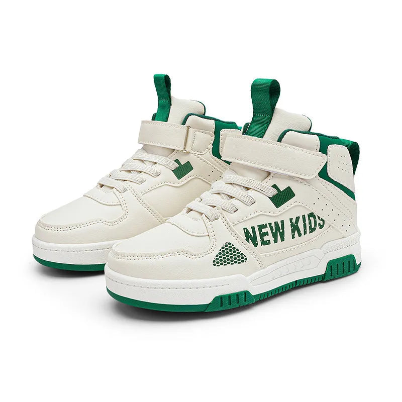 Children's street outdoor sneakers with buckle fastening and letter pattern in beige green, blue, white powder, and white & purple colours