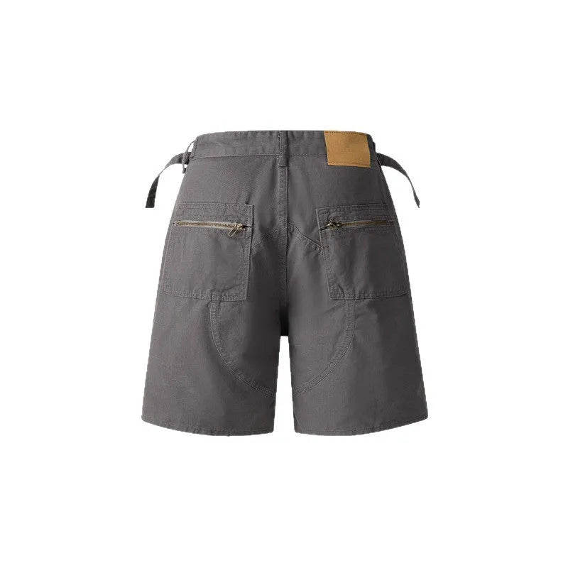 Retro-style workwear shorts with zipper and half elastic waistband in washed cotton fabric
