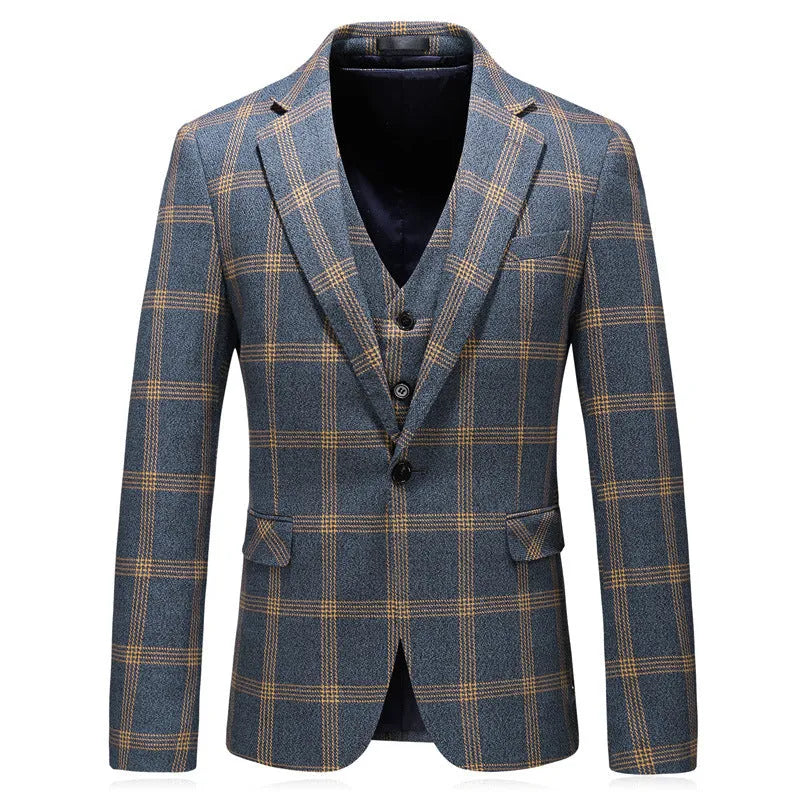Men's yellow check three-piece business wedding suit set with vest, trousers, and coat