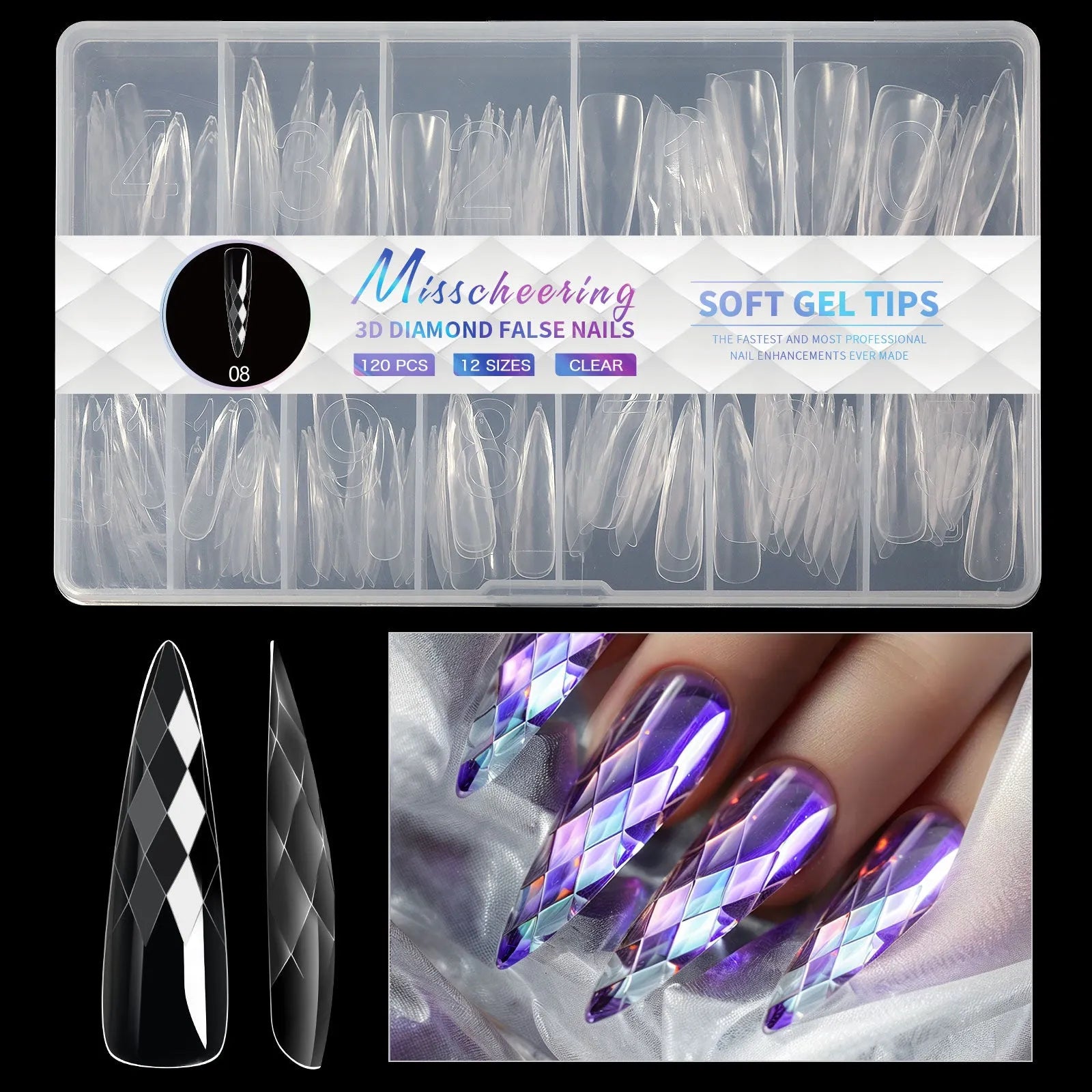 3D diamond texture long false nails in assorted colours, 120-140 pieces per pack