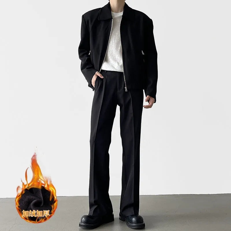 Black straight anti-wrinkle suit trousers with zip placket, polyester fiber, non-ironing finish