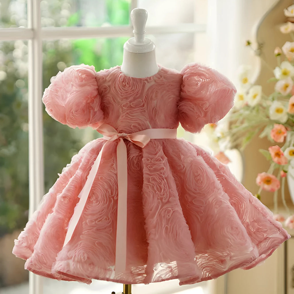 Children's girls' bean pink polyester pettiskirt birthday dress with lining, side view