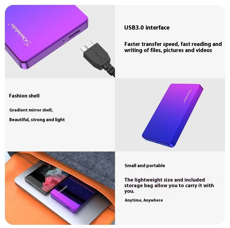 Purple portable external hard disk with USB cable and leather bag