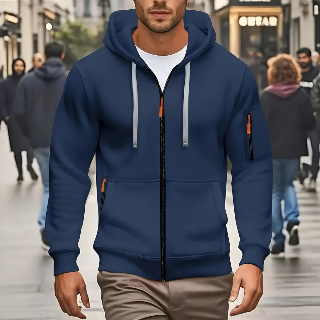 Men's hooded zip-up cardigan coat with a wool lining shown in army green colour.
