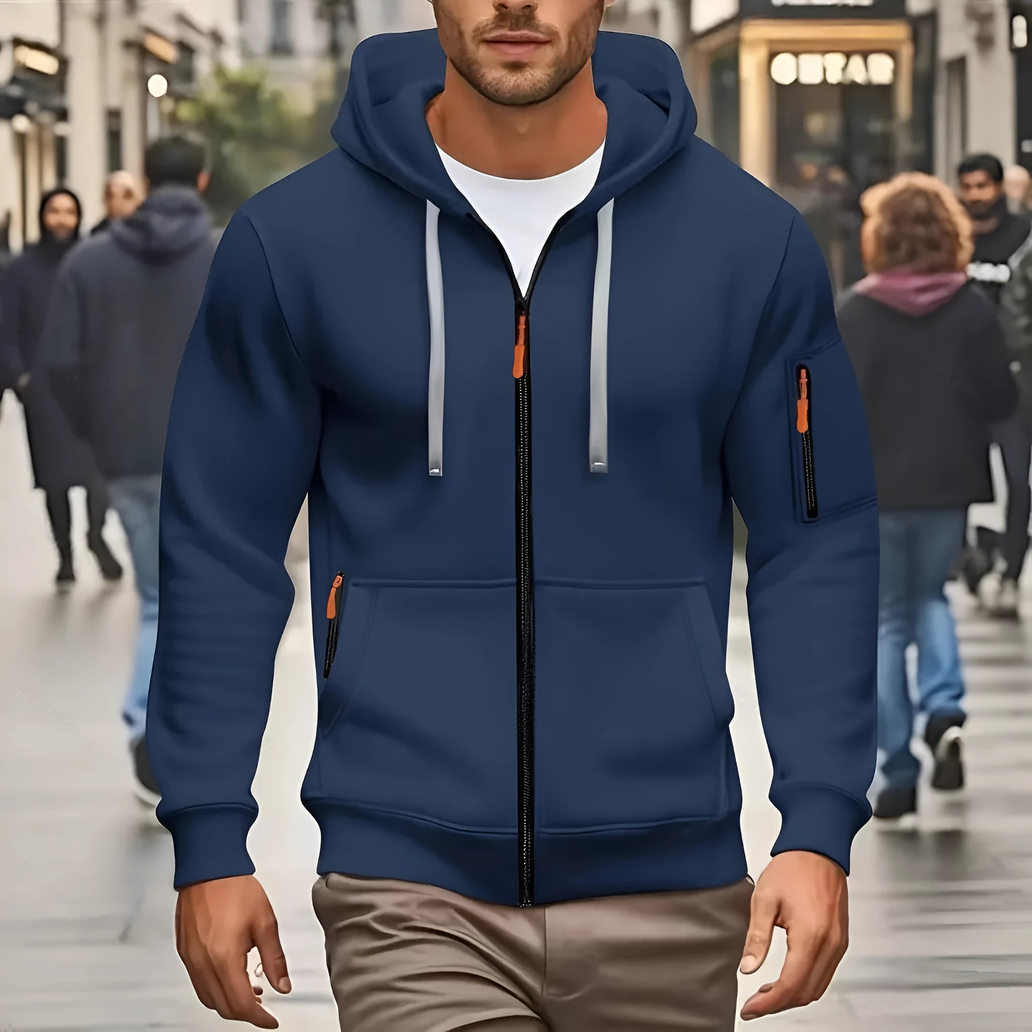 Men's hooded zip-up cardigan coat with a wool lining shown in army green colour.
