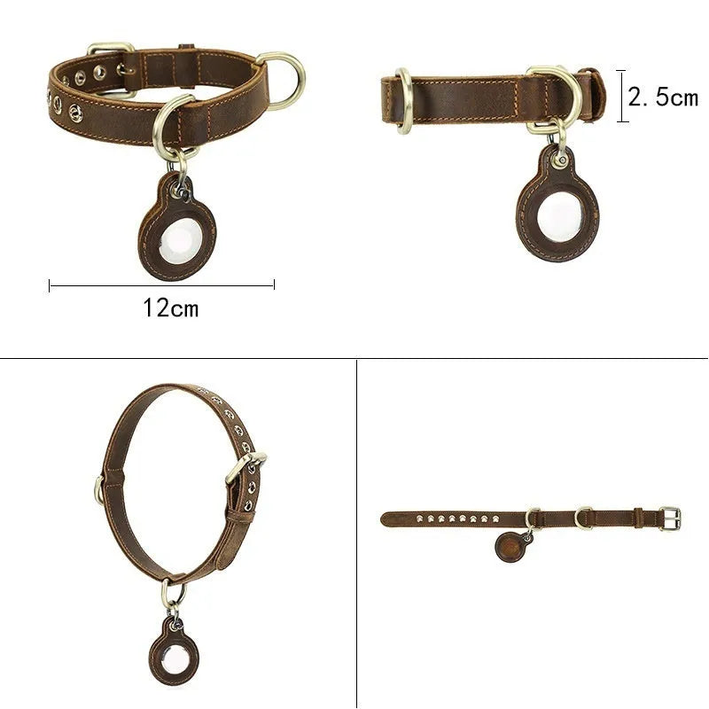 Brown retro-style genuine leather dog collar with handmade cowhide construction and halter positioning