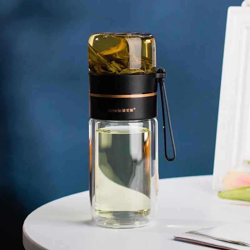 Glass water bottle with tea infuser filter showing double wall construction and portable rope