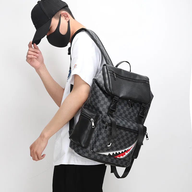 Korean style black checkered printed large backpack made of PU leather with curved shoulder straps