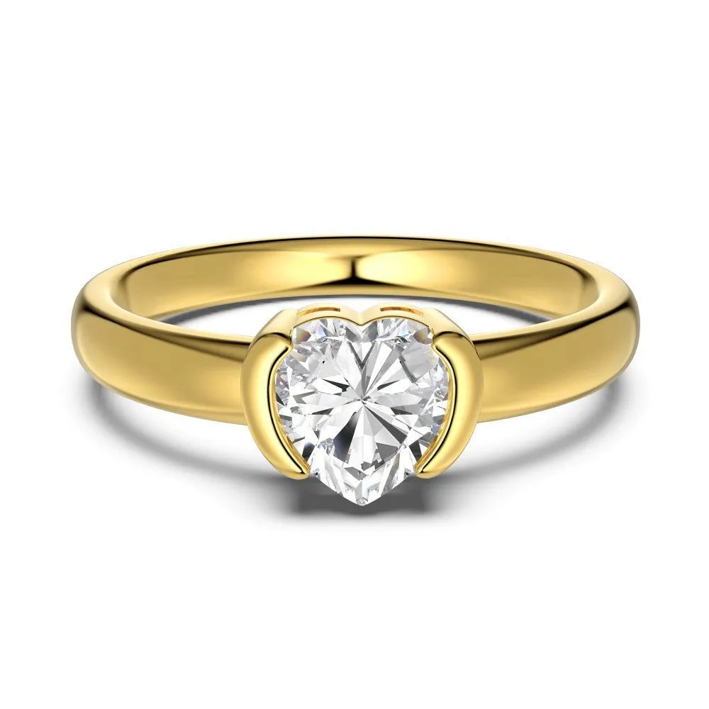 S925 sterling silver ring with golden heart design, women's heart-shaped geometric band, sizes 5 to 9.