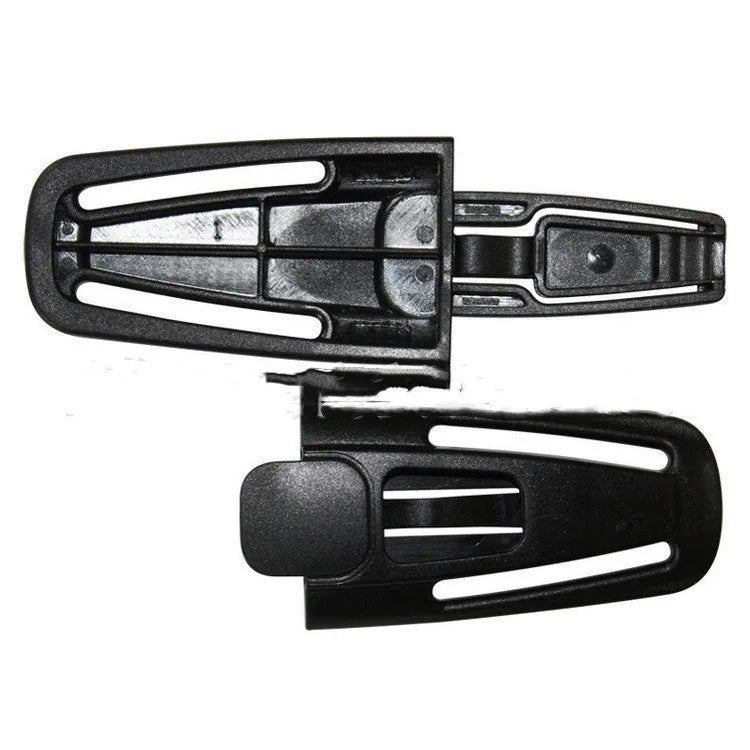 Black nylon seat belt buckle clip for child car seat 5-point harness measuring 14.5cm by 4cm