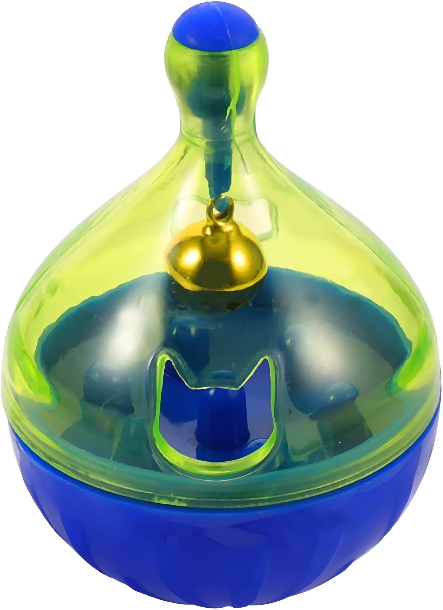 Blue and white tumbler-shaped interactive treat dispenser toy for dogs and cats on a wooden floor.